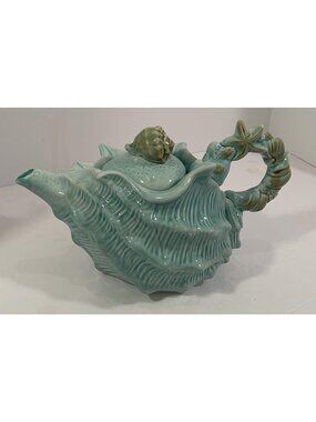 Blue Conch Sea Shell Teapot Ceramic Nautical Seawave Ocean Beach Blue Sky